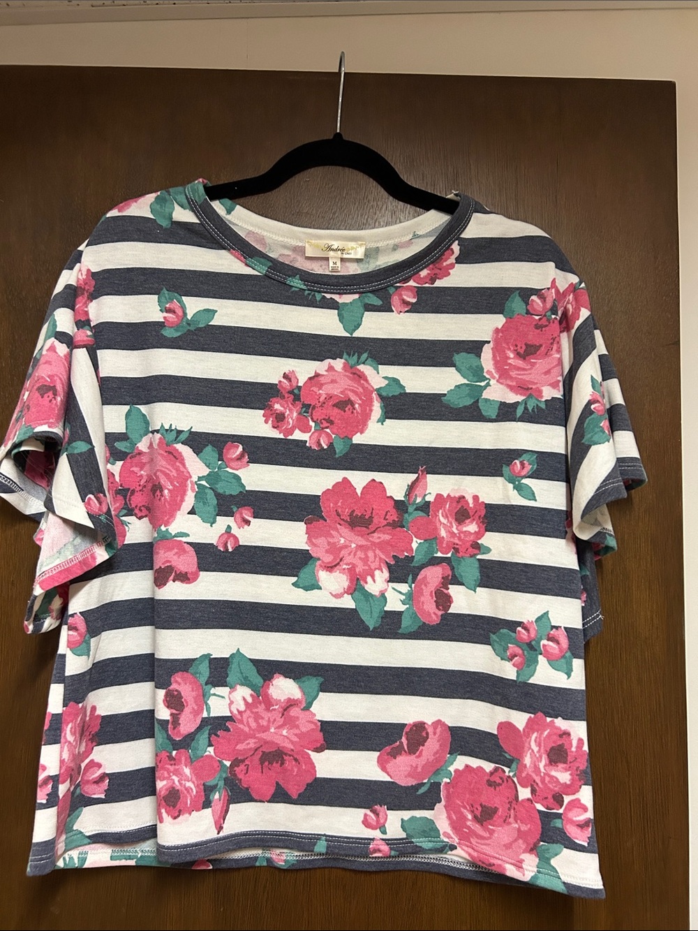 ANDREE BY UNIT Navy and White Striped Short Sleeve Top with Pink Floral Print